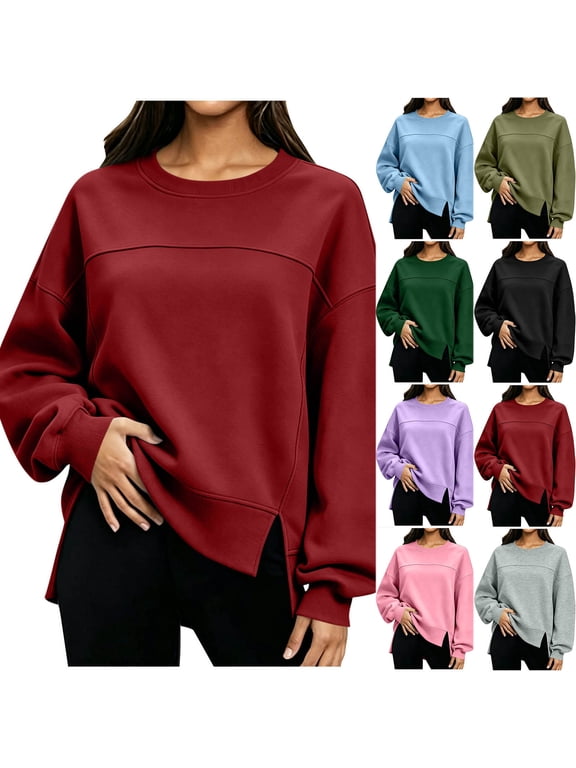 Women Long Sleeve Sweatshirt Crewneck High Low Hem Side Split Top Fall Casual Fashion Loose Workout Shirts S-XXL