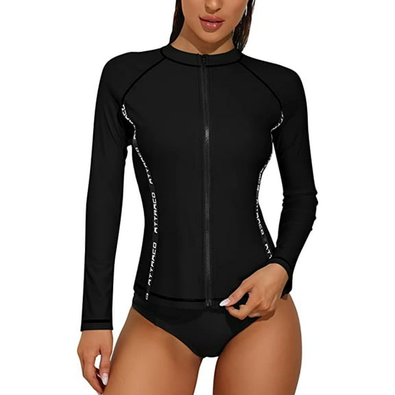 Women Long Sleeve Swimming Shirt Outdoor Sports Rash Guard Zip Front