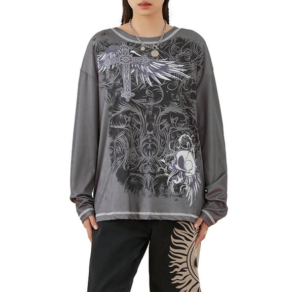 Women Long Sleeve T-Shirt Casual Retro Gothic Style Skull Print Pullover Tops