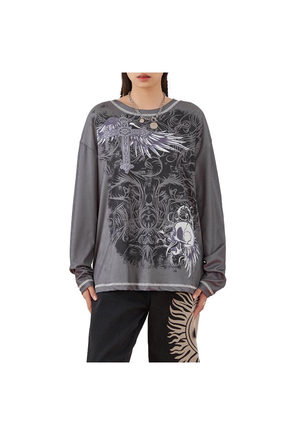 Women Long Sleeve T-Shirt Casual Retro Gothic Style Skull Print Pullover Tops