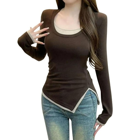 Women Long Sleeve T Shirt Round Neck Color Block Stretchy Slim Fitted Basic Tunic Tops Fashion Y2k Irregular Hem Tees