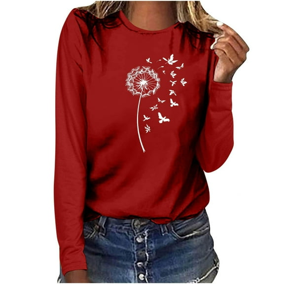 Women Long Sleeve T Shirt Round Neck Comfy Casual Tees Dandelion Printing Loose Fit Cute Shirts for Everyday 2025