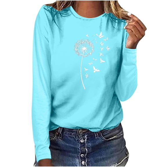 Women Long Sleeve T Shirt Round Neck Comfy Casual Tees Dandelion Printing Loose Fit Cute Shirts for Everyday 2025