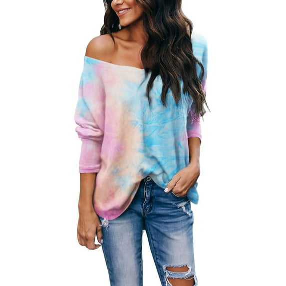 Women Long Sleeve T Shirt V Neck Casual Basic Tee Tie Dye Tops, Pink, X-Large