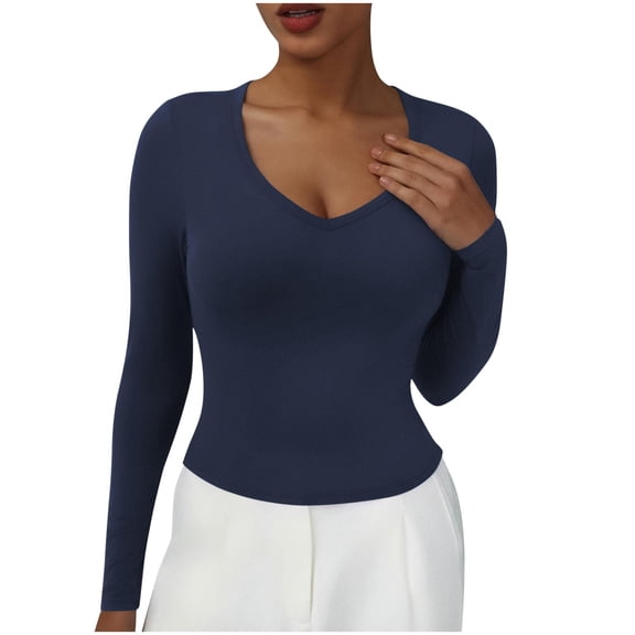 Women Long Sleeve T Shirts 2025 Fall Trendy Deep V Neck Slim Fit Basic Crop Tops Casual Going Out Top Pullover