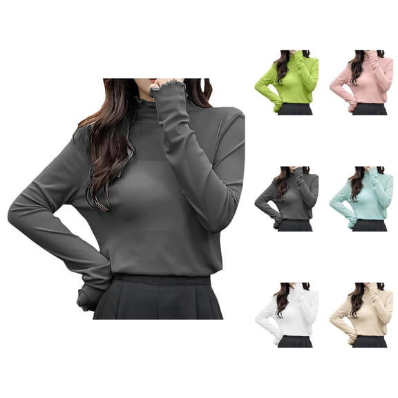 Women Long Sleeve T Shirts 2026 Lightweight Cute Lettuce Hem Mock Neck See through Mesh Tshirt