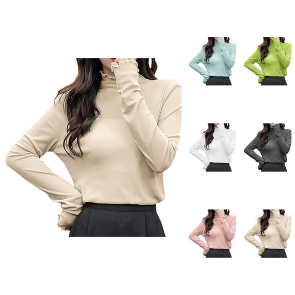 Women Long Sleeve T Shirts 2026 Lightweight Cute Lettuce Hem Mock Neck See through Mesh Tshirt