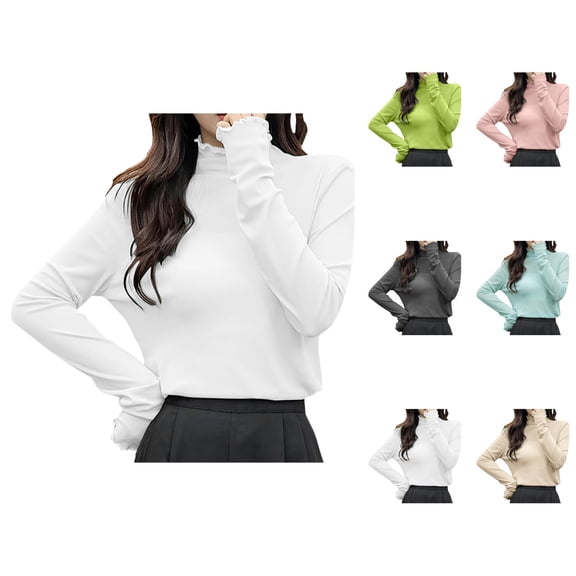 Women Long Sleeve T Shirts 2026 Lightweight Cute Lettuce Hem Mock Neck See through Mesh Tshirt