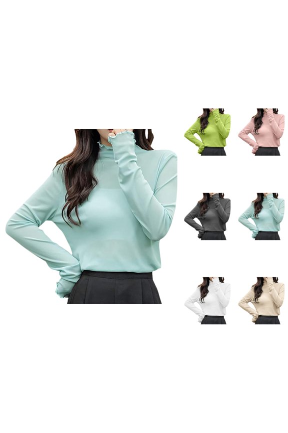 Women Long Sleeve T Shirts 2026 Lightweight Cute Lettuce Hem Mock Neck See through Mesh Tshirt