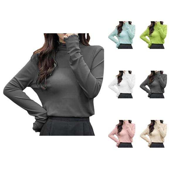 Women Long Sleeve T Shirts 2026 Lightweight Cute Lettuce Hem Mock Neck See through Mesh Tshirt