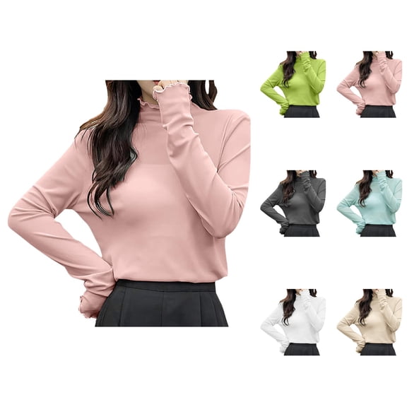 Women Long Sleeve T Shirts 2026 Lightweight Cute Lettuce Hem Mock Neck See through Mesh Tshirt