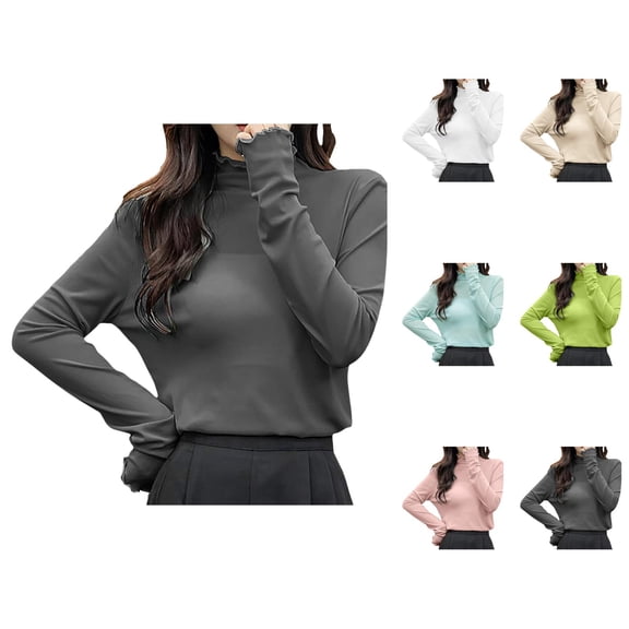 Women Long Sleeve T Shirts 2026 Lightweight Cute Mock Neck Lettuce Hem Mesh See through Tshirt