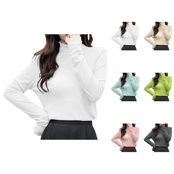 Women Long Sleeve T Shirts 2026 Lightweight Cute Mock Neck Lettuce Hem Mesh See through Tshirt