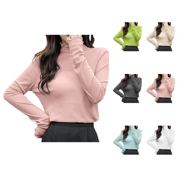Women Long Sleeve T Shirts 2026 Lightweight Cute Mock Neck Lettuce Hem See through Mesh Tshirt