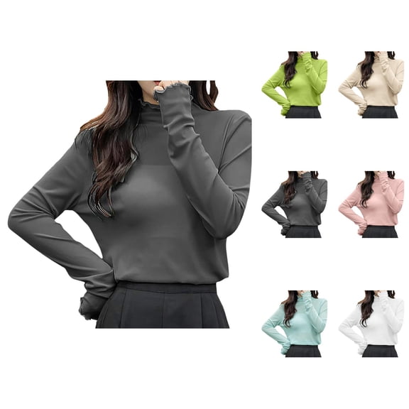 Women Long Sleeve T Shirts 2026 Lightweight Cute Mock Neck Lettuce Hem See through Mesh Tshirt