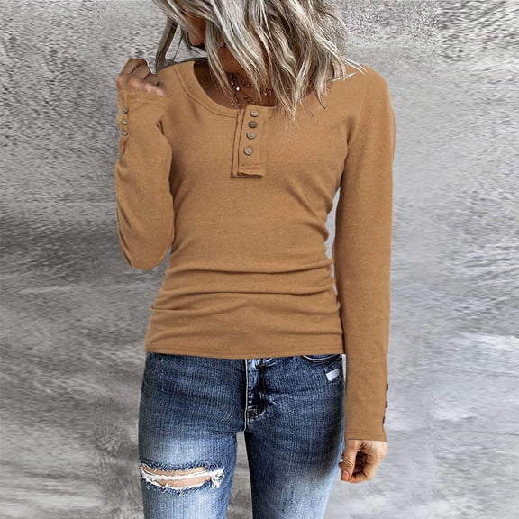 Women Long Sleeve T Shirts Button Down Slim Fit Tops Neck Ribbed Knit Shirts Ladies Long Sleeve T Shirts Long Sleeve Womens Shirts Womens T Shirts Multiple Pack Shirts Long Sleeved Women Running Shirt