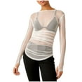 thumbnail image 1 of Women Long Sleeve T Shirts Cotton Mesh Long Sleeve Layering Top for Women Neck Sheer See Through Tee Shirt Blouse White, L, 1 of 7