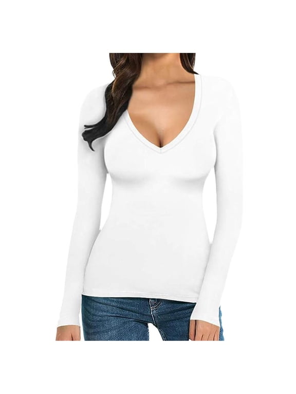 Women Long Sleeve T Shirts Cotton Womens Tshirts Long Sleeve V Neck Shirts for Women Slim Fitted Basic Tee Tops White, M