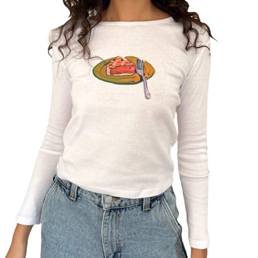 Women Long Sleeve T-Shirts Fashion Cherry/Cake Print Crew Neck Shirts Spring Fall Slim Fit Tops Streetwear