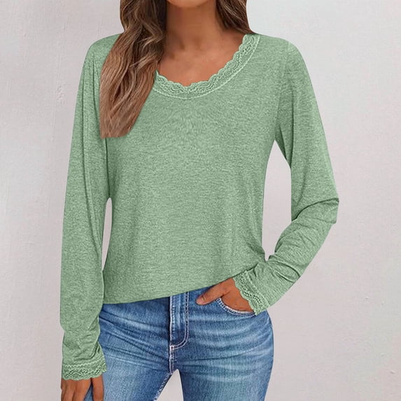 Women Long Sleeve T Shirts Fashion Lace Trim V Neck Tops Comfy Basic Tee Casual Lightweight Loose Plain Pullover Blouse Green M
