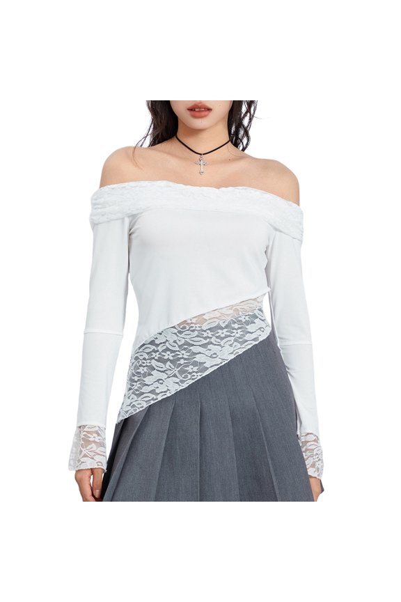 Women Long Sleeve T-Shirts Lace Patchwork Boat Neck Off Shoulder Casual Shirts Spring Fall Slim Fit Tops Streetwear