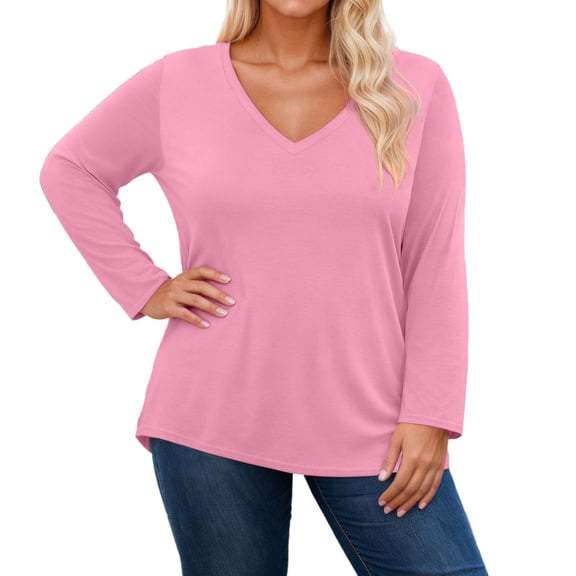 Women Long Sleeve T Shirts Plus Size V Neck Tshirt Printed Graphic Casual Loose Top Blouse Pink XL