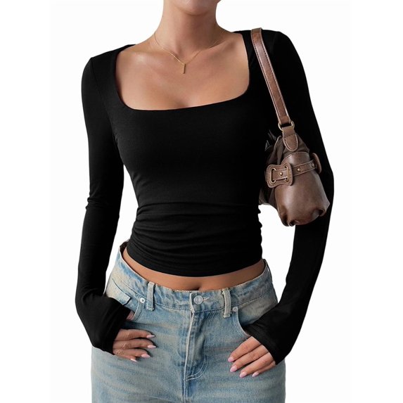 Women Long Sleeve T Shirts Scoop Neck Slim Fit Going Out Tops Basic Tee