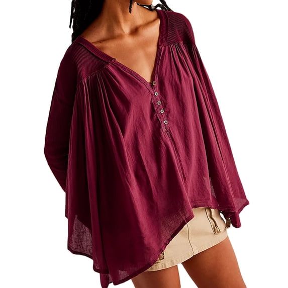 Women Long Sleeve T-Shirts Solid Color V-Neck Buttons Casual Shirts Spring Fall Fashion Irregular Loose Tunic Tops