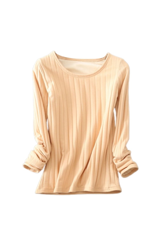 Women Long Sleeve T Shirts Spring Fall Double Layer Tshirt Ultra Soft Cotton Fitted Base Layer Warm Top Plus Size Beige L