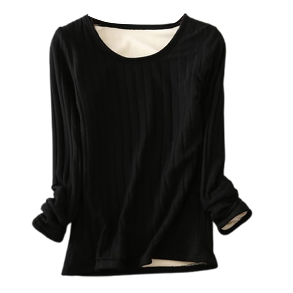 Women Long Sleeve T Shirts Spring Fall Double Layer Tshirt Ultra Soft Cotton Fitted Base Layer Warm Top Plus Size Black XL