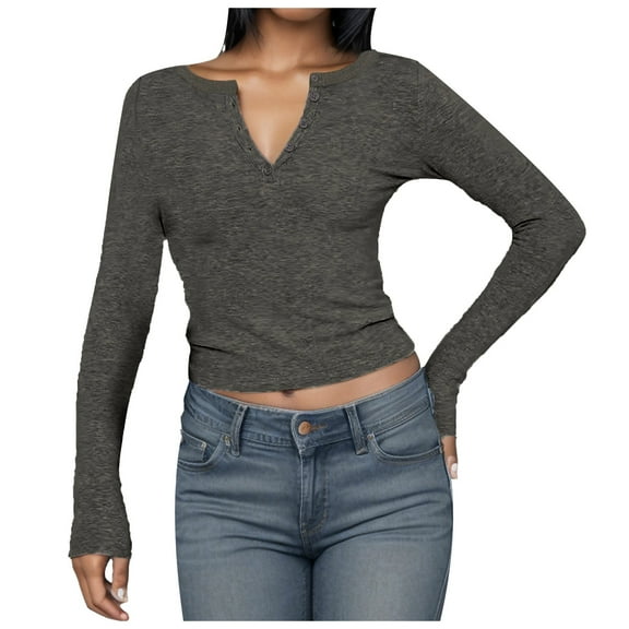 Women Long Sleeve T-Shirts Stretchy Crop Sexy Slim Fitted V-Neck Solid Tees Fashion Y2K Basic Casual Tubic Tops