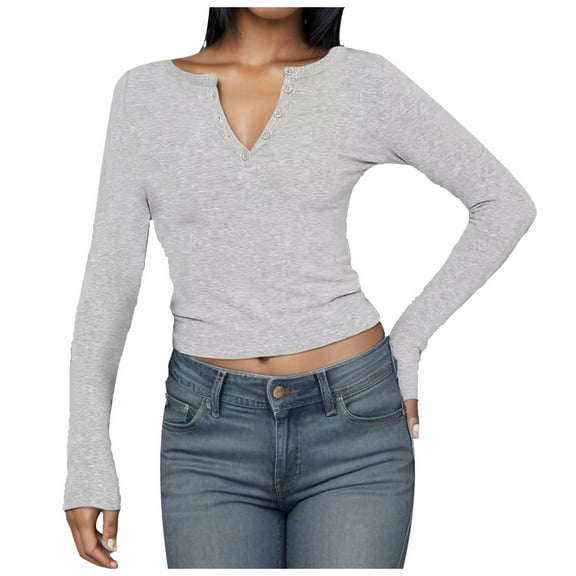Women Long Sleeve T-Shirts Stretchy Crop Sexy Slim Fitted V-Neck Solid Tees Fashion Y2K Basic Casual Tubic Tops