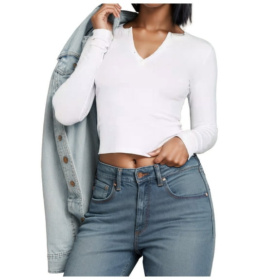 Women Long Sleeve T-Shirts Stretchy Crop Sexy Slim Fitted V-Neck Solid Tees Fashion Y2K Basic Casual Tubic Tops