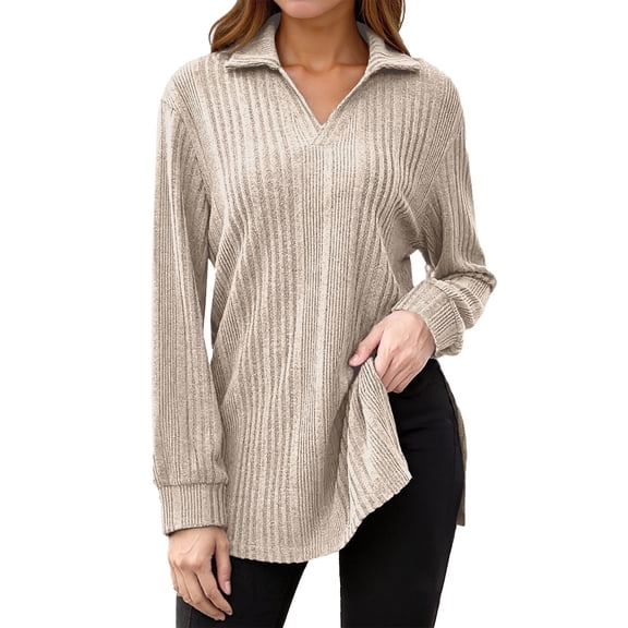 Women Long Sleeve T Shirts V Neck Knit Top Side Slit Hem Reverse Collar Design Loose Casual Shirt Fall Winter Khaki XL
