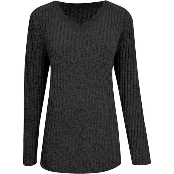 Women Long Sleeve T Shirts V Neck Top Ribbed Brushed Henley Lace Trim Fitted Shirt Spring Fall Layering Black XL
