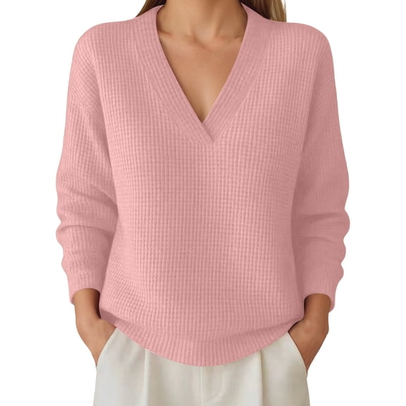 Women Long Sleeve T Shirts Waffle Knit Pullover Solid Color Loose Casual Top Oversized Shirt Fall Winter Pink XXL