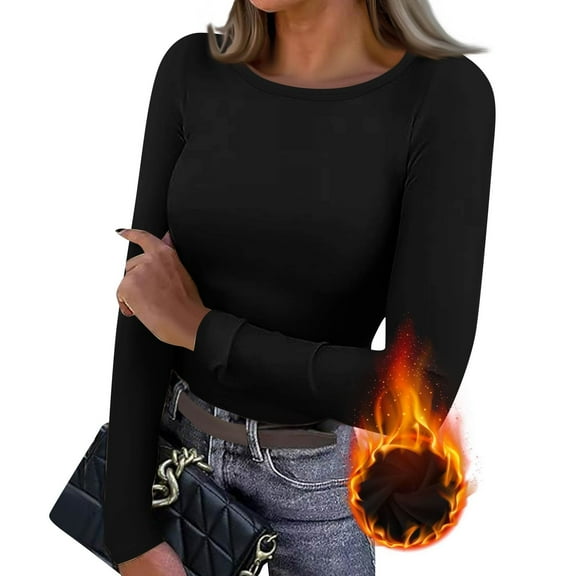 Women Long Sleeve Thermal Shirt Fleece Tops 2025 Fall Winter Crew Neck Casual Base Layer T-Shirts Warm Undershirts Black L