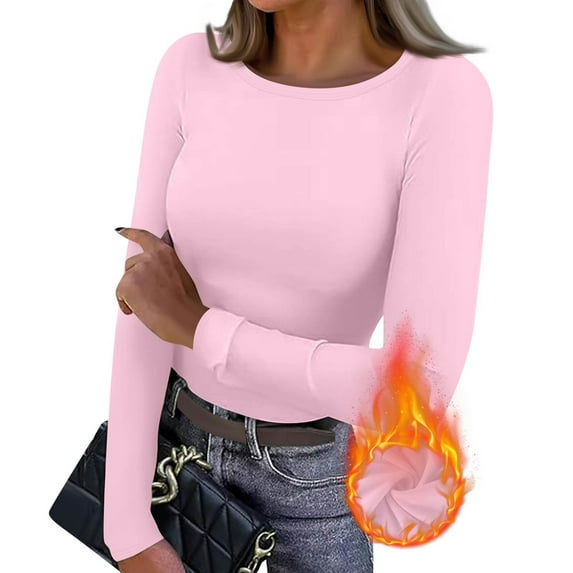 Women Long Sleeve Thermal Shirt Fleece Tops 2025 Fall Winter Crew Neck Casual Base Layer T-Shirts Warm Undershirts Pink S