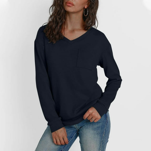 Women Long Sleeve Thermal Tops Fleece Cotton V Neck Pullover Sweater Basic Sweatshirt with Chest Pocket (S, Navy)