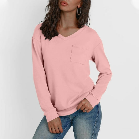 Women Long Sleeve Thermal Tops Fleece Cotton V Neck Pullover Sweater Basic Sweatshirt with Chest Pocket (S, Pink)