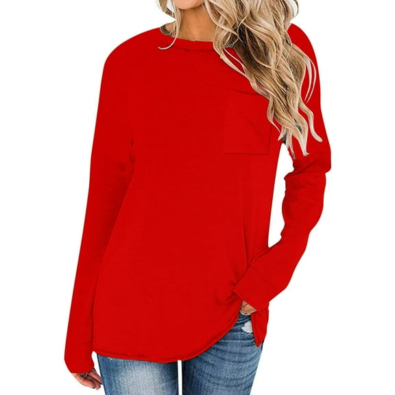 Women Long Sleeve Tops 2025 Fall Fashion Casual Crew Neck Pullover Shirt Loose Comfy Solid Color Tops with Pockets Red S