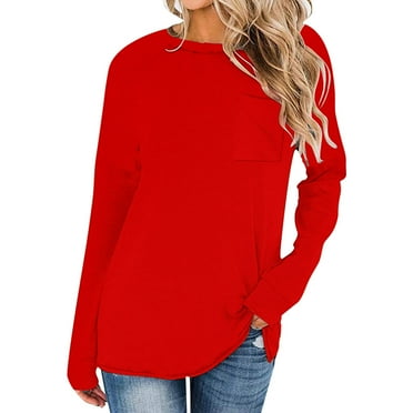 Women Long Sleeve Tops 2025 Fall Fashion Casual Crew Neck Pullover Shirt Loose Comfy Solid Color Tops with Pockets Red XL