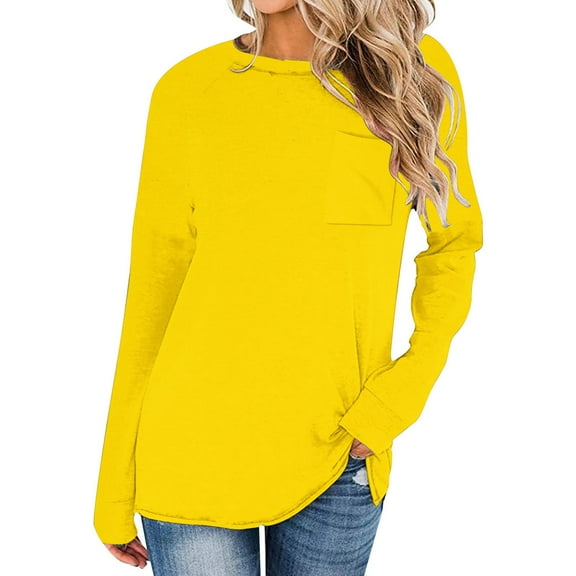 Women Long Sleeve Tops 2025 Fall Fashion Casual Crew Neck Pullover Shirt Loose Comfy Solid Color Tops with Pockets Yellow S