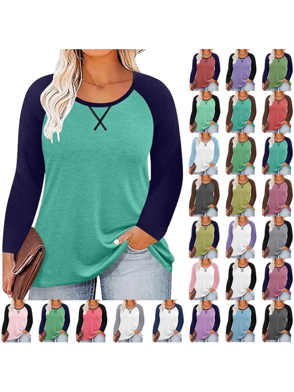 Women Long Sleeve Tops Casual Chest Print Solid Color Round Neck Pullover Loose Long Sleeved Raglan Top Plus Size