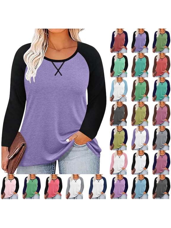 Women Long Sleeve Tops Casual Chest Print Solid Color Round Neck Pullover Loose Long Sleeved Raglan Top Plus Size