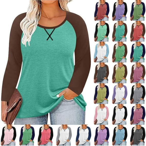 Women Long Sleeve Tops Casual Chest Print Solid Color Round Neck Pullover Loose Long Sleeved Raglan Top Plus Size