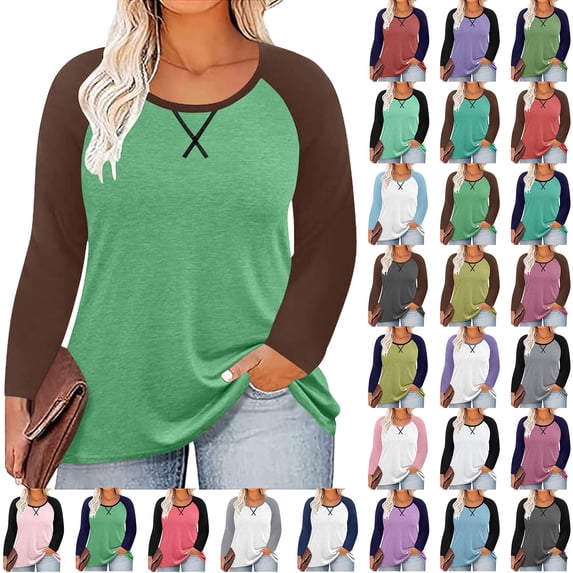 Women Long Sleeve Tops Casual Chest Print Solid Color Round Neck Pullover Loose Long Sleeved Raglan Top Plus Size