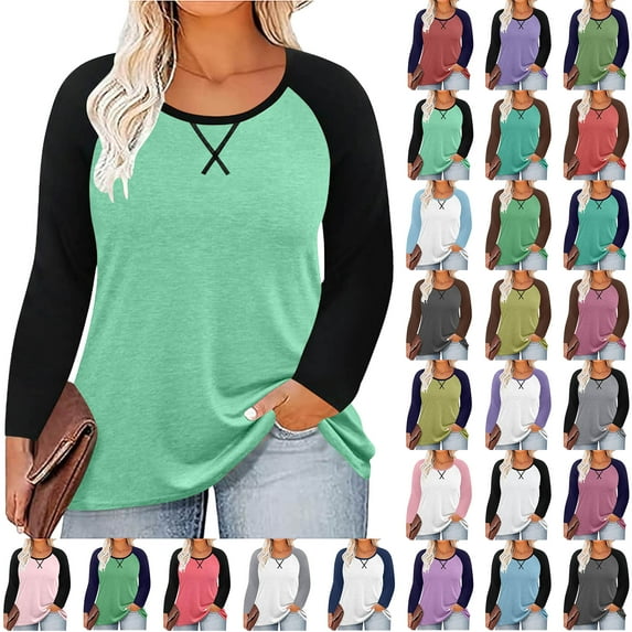 Women Long Sleeve Tops Casual Chest Print Solid Color Round Neck Pullover Loose Long Sleeved Raglan Top Plus Size