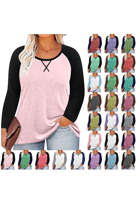 Women Long Sleeve Tops Casual Chest Print Solid Color Round Neck Pullover Loose Long Sleeved Raglan Top Plus Size