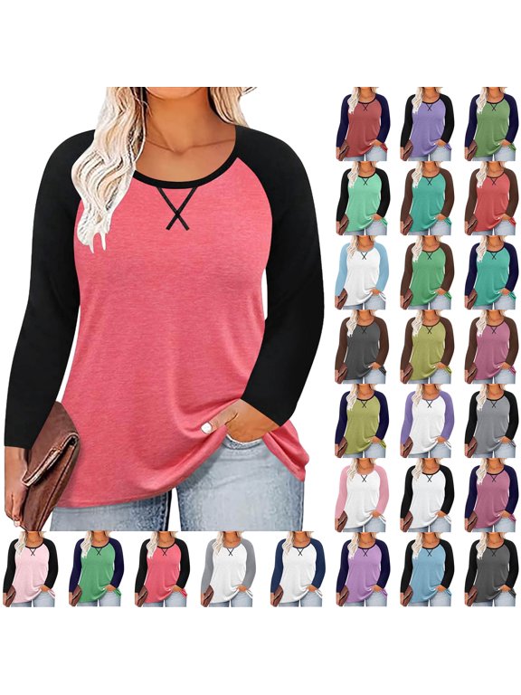 Women Long Sleeve Tops Casual Chest Print Solid Color Round Neck Pullover Loose Long Sleeved Raglan Top Plus Size